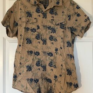 Buffalo David Bitton Tan Short Sleeve Button-Down with Navy Floral Print